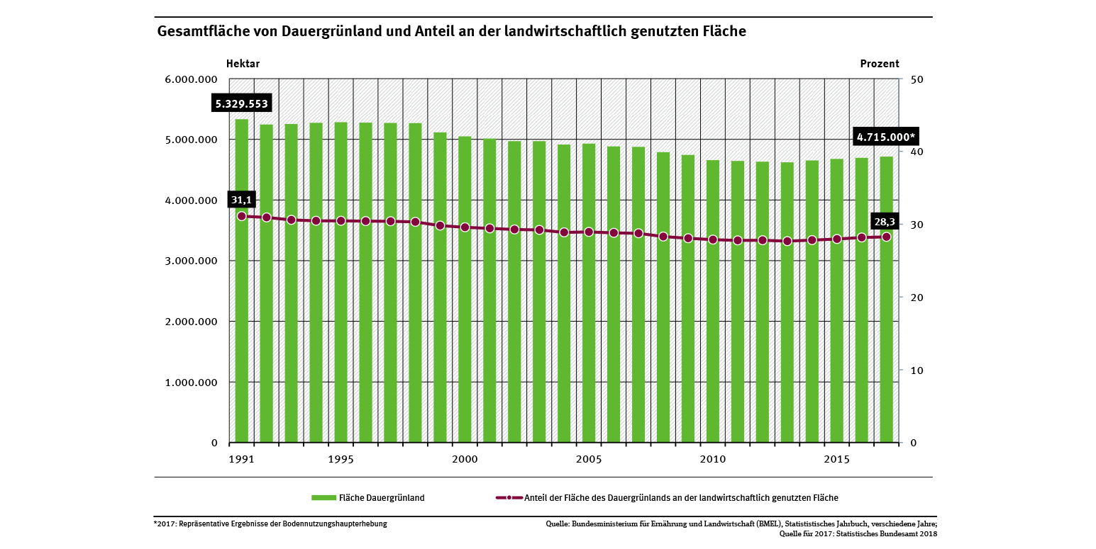 Gesamtfläche von Dauergrünland und Anteil an der landwirtschaftlich genutzten Fläche Quelle: BMEL / Statistisches Bundesamt (CC BY-NC-ND 4.0) 